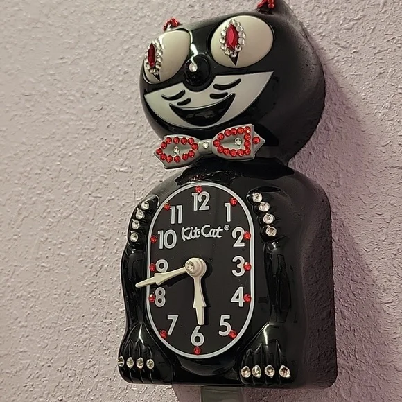 Jeweled Black Kit-Cat Klock clock SUPER RARE Gray bow tie & tail